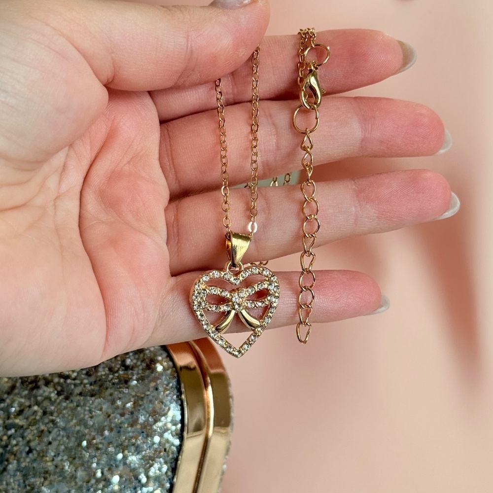 Gold Heart Pendant Necklace with Crystal Accents - Picture 4 of 7